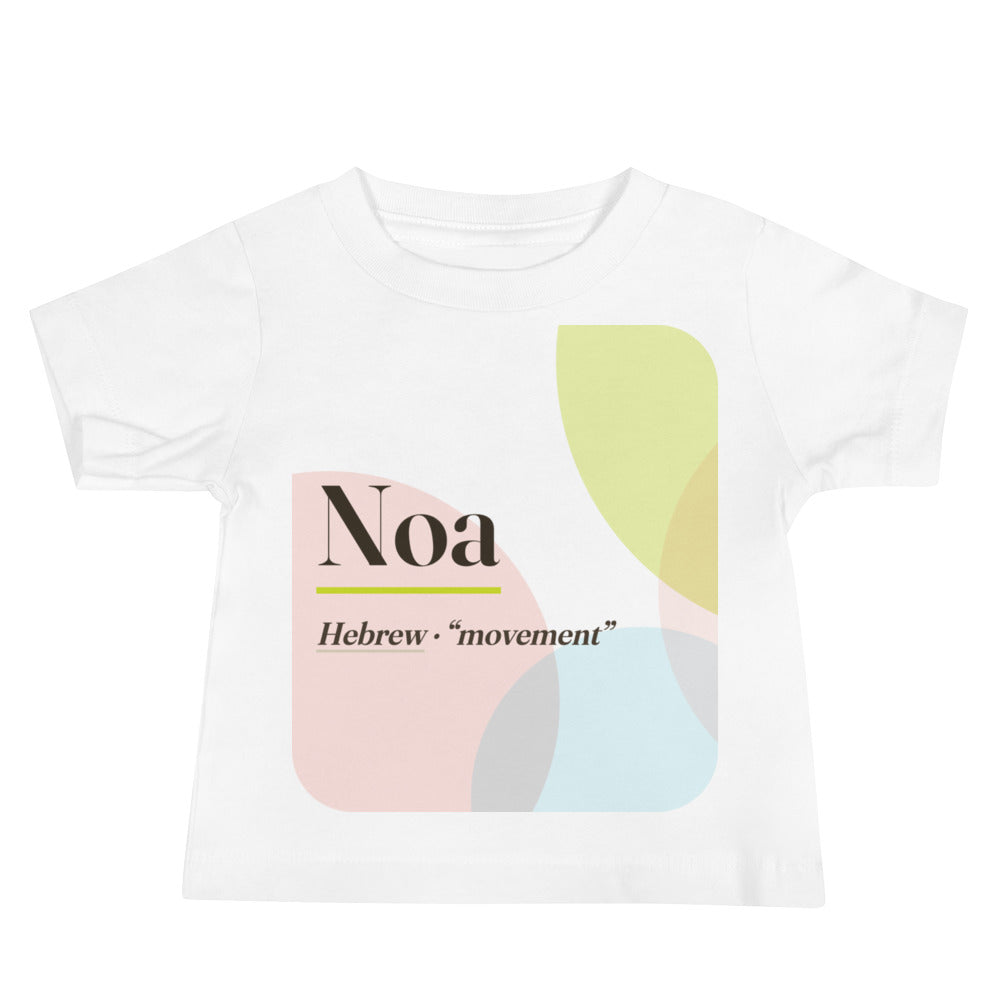 Noa name baby tee · Hebrew, “movement”, white, front