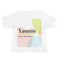Camiseta de bebê com o nome Yasmin · árabe, "flor de jasmim", branco, frente