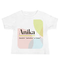 Anika name baby tee · Sanskrit, “splendour or army”, white, front