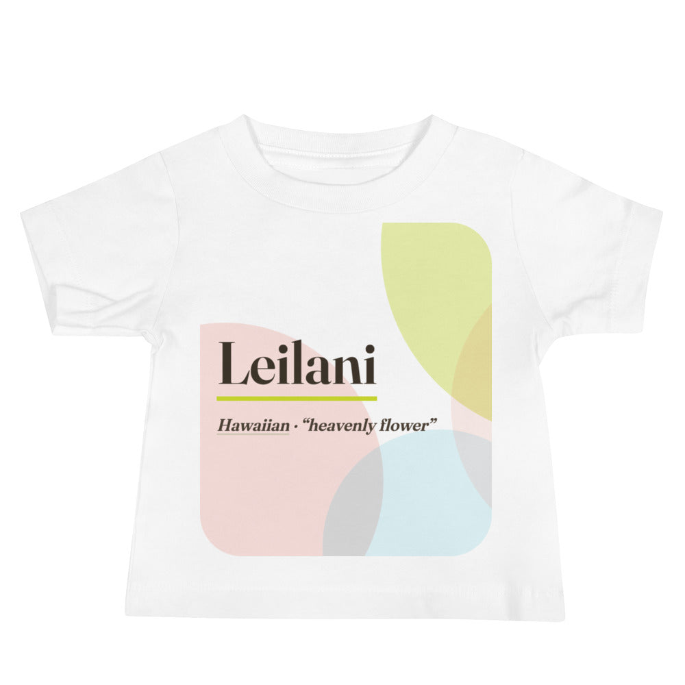 Leilani name baby tee · Hawaiian, “heavenly flower”, white, front