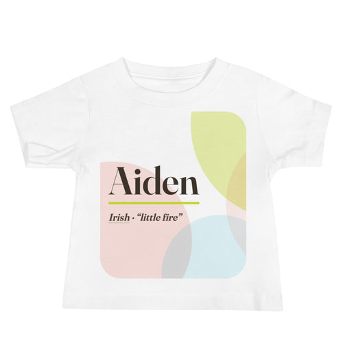 Aiden name baby tee · Irish, “little fire”, white, front