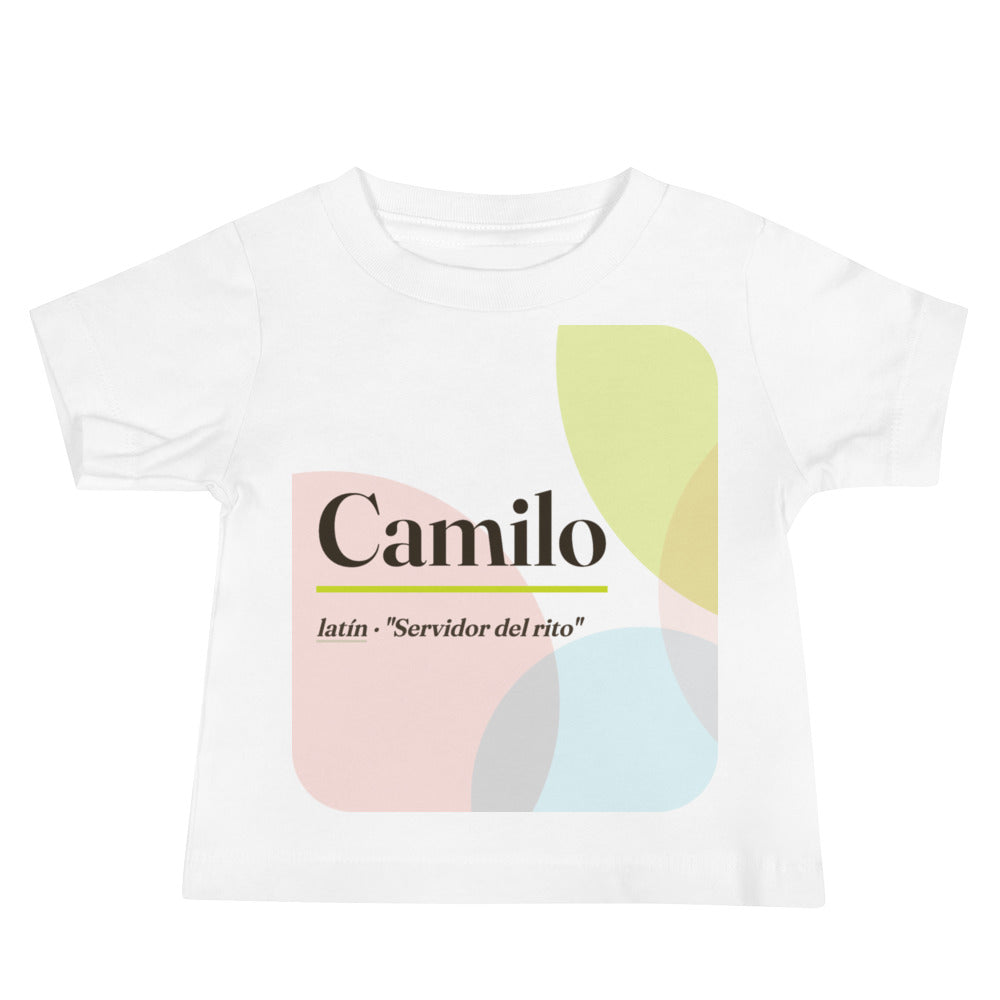 Camiseta de bebé con el nombre Camilo · latín, "Servidor del rito", blanco, frente