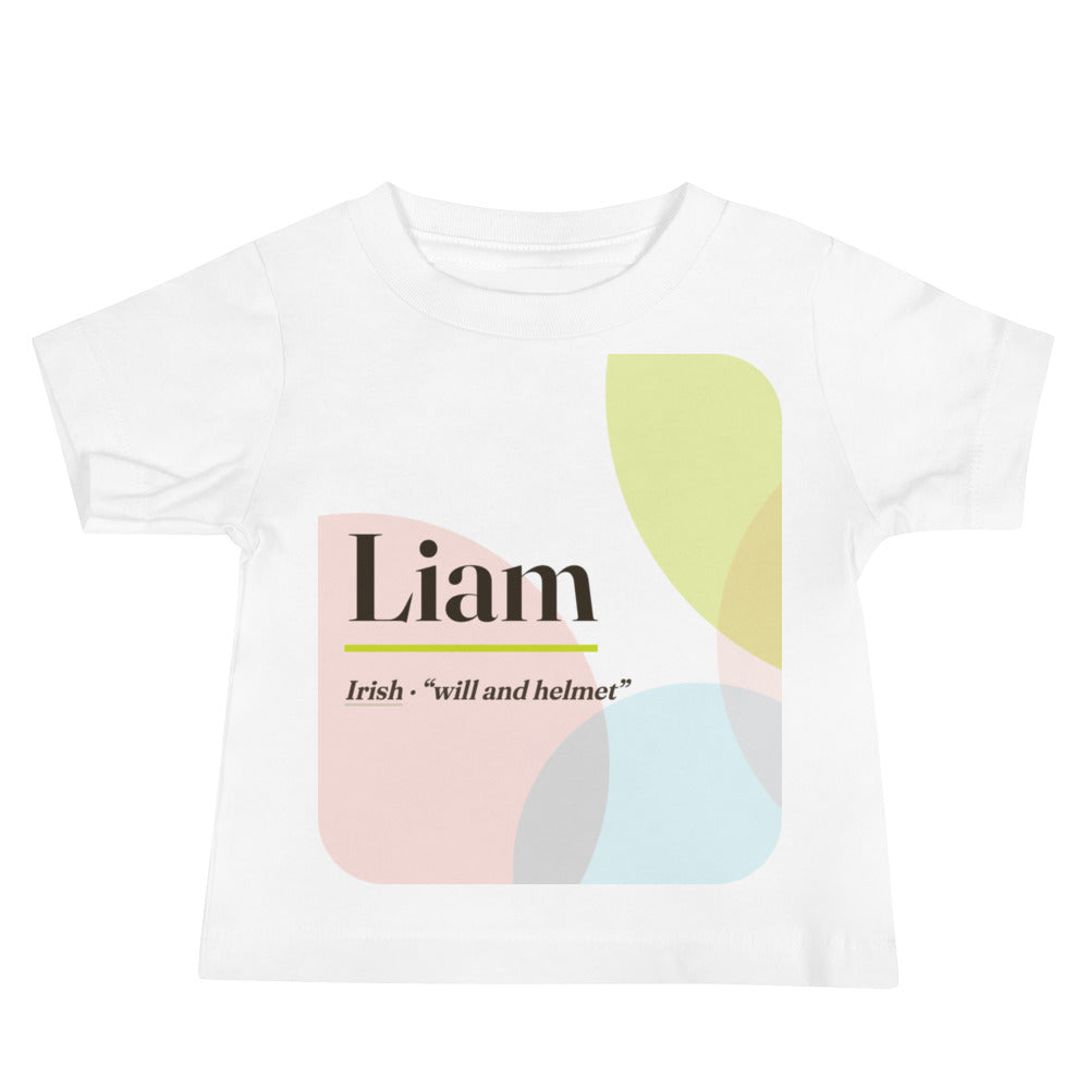 Liam name baby tee · Irish, “will and helmet”, white, front