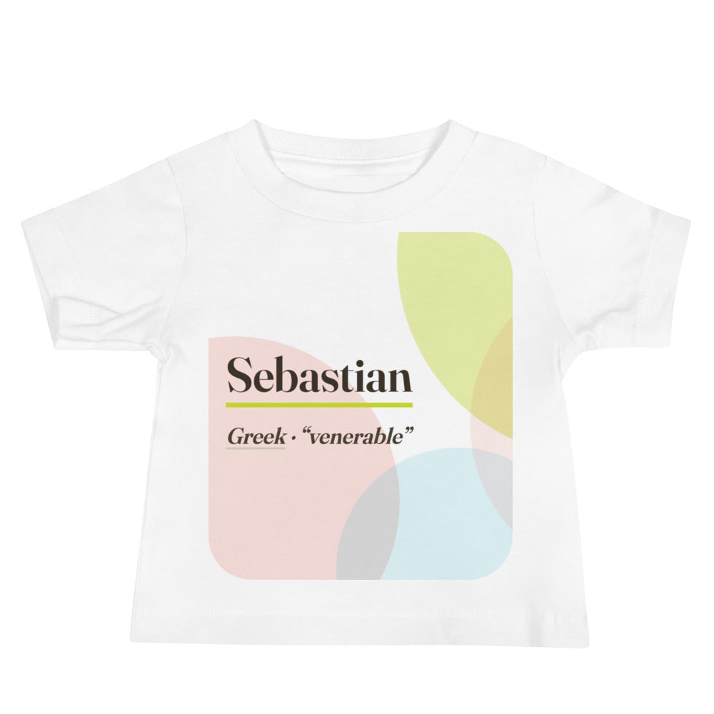 Sebastian name baby tee · Greek, “venerable”, white, front