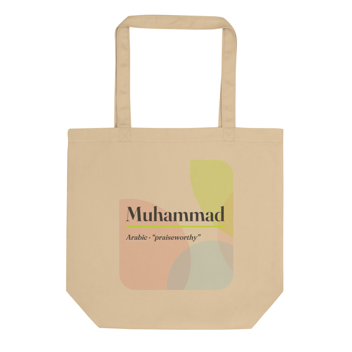 Muhammad name tote bag · Arabic, “praiseworthy”, oyster, front