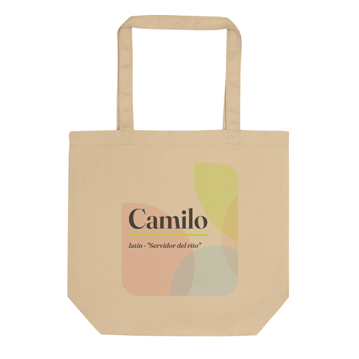 Bolsa de tela con el nombre Camilo · latín, "Servidor del rito", ostra, frente
