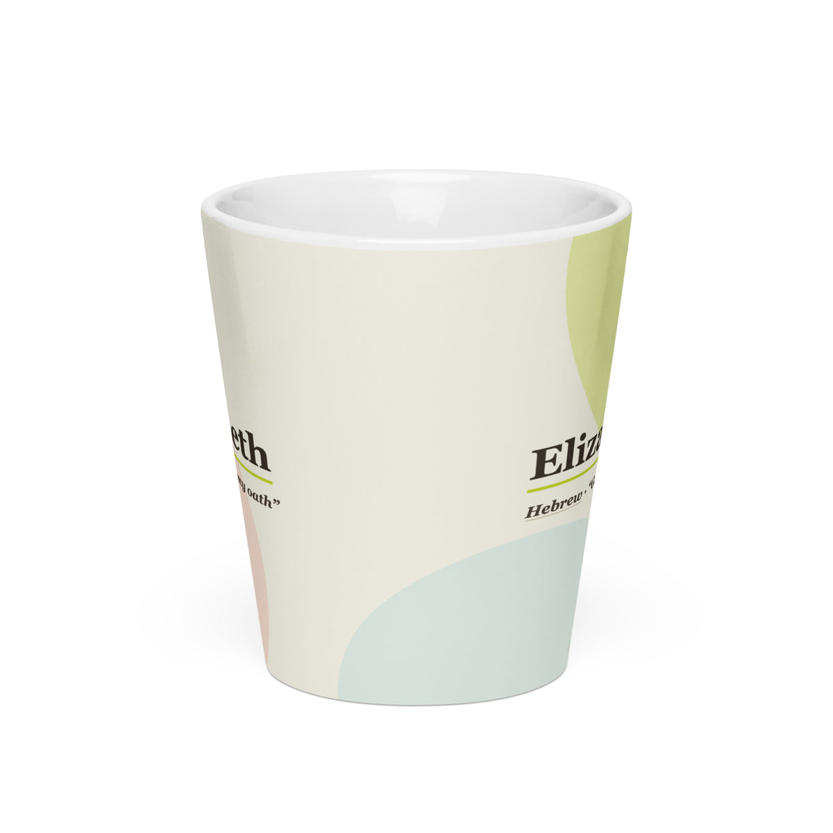 Elizabeth name latte mug · Hebrew, “God is my oath”, white, front