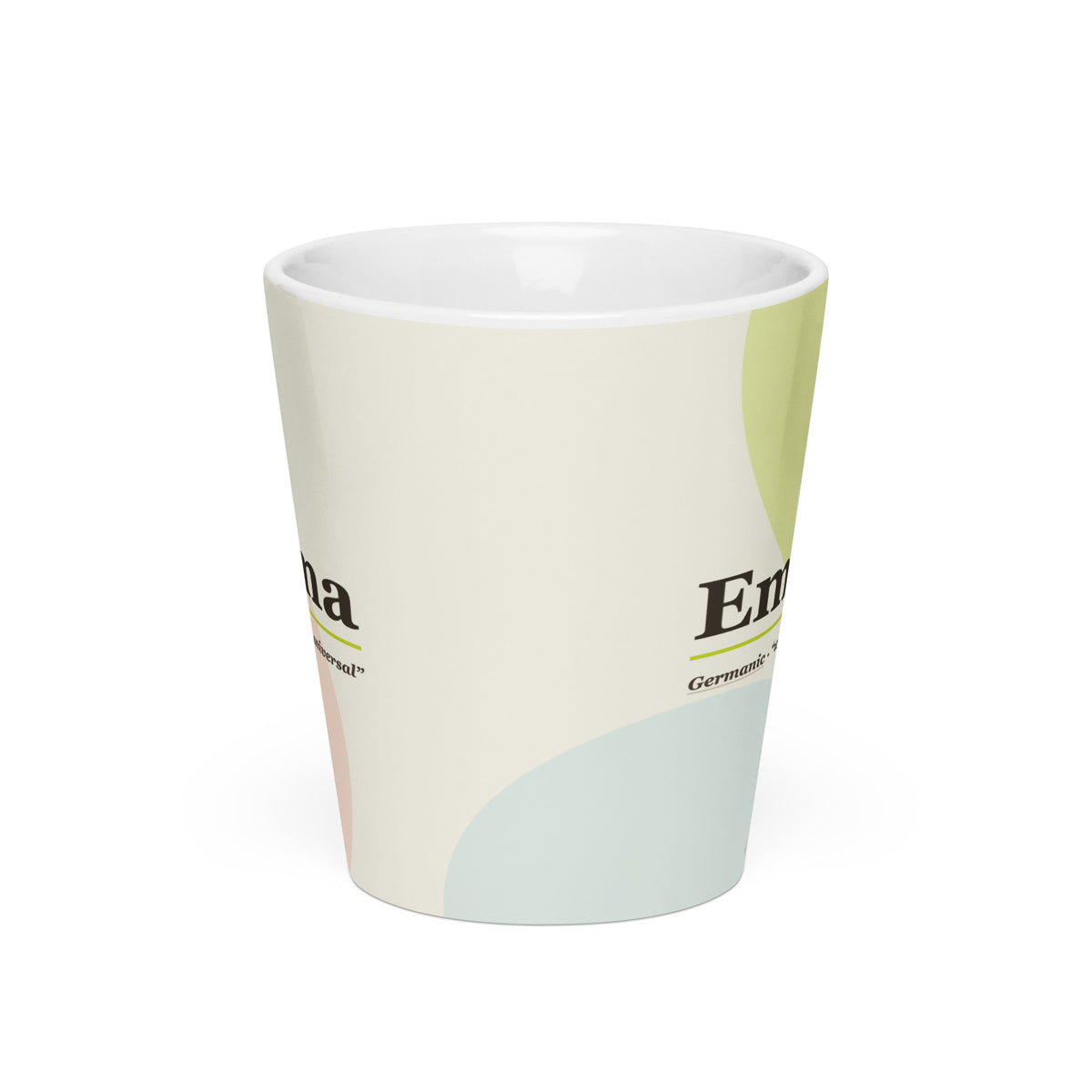 Emma name latte mug · Germanic, “whole, universal”, white, front