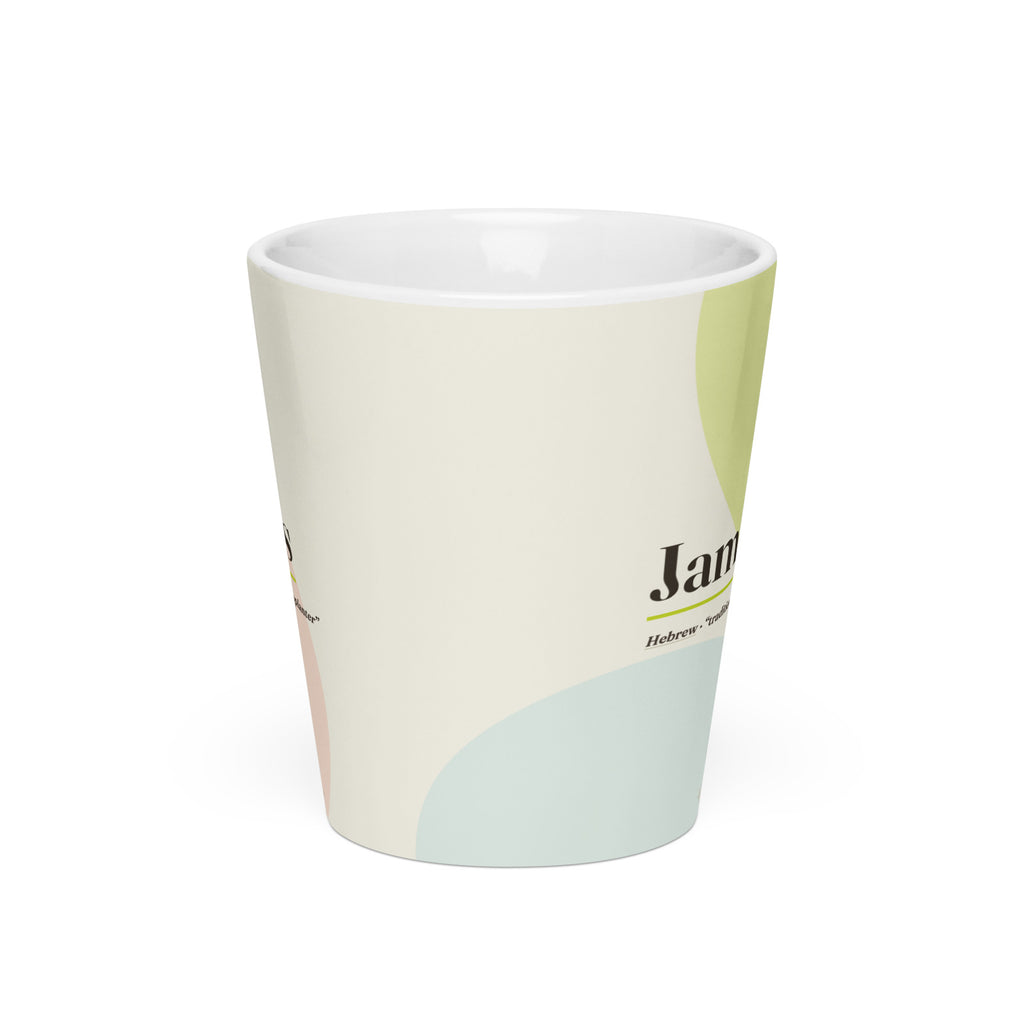 James name latte mug · Hebrew, “traditionally supplanter”, white, front