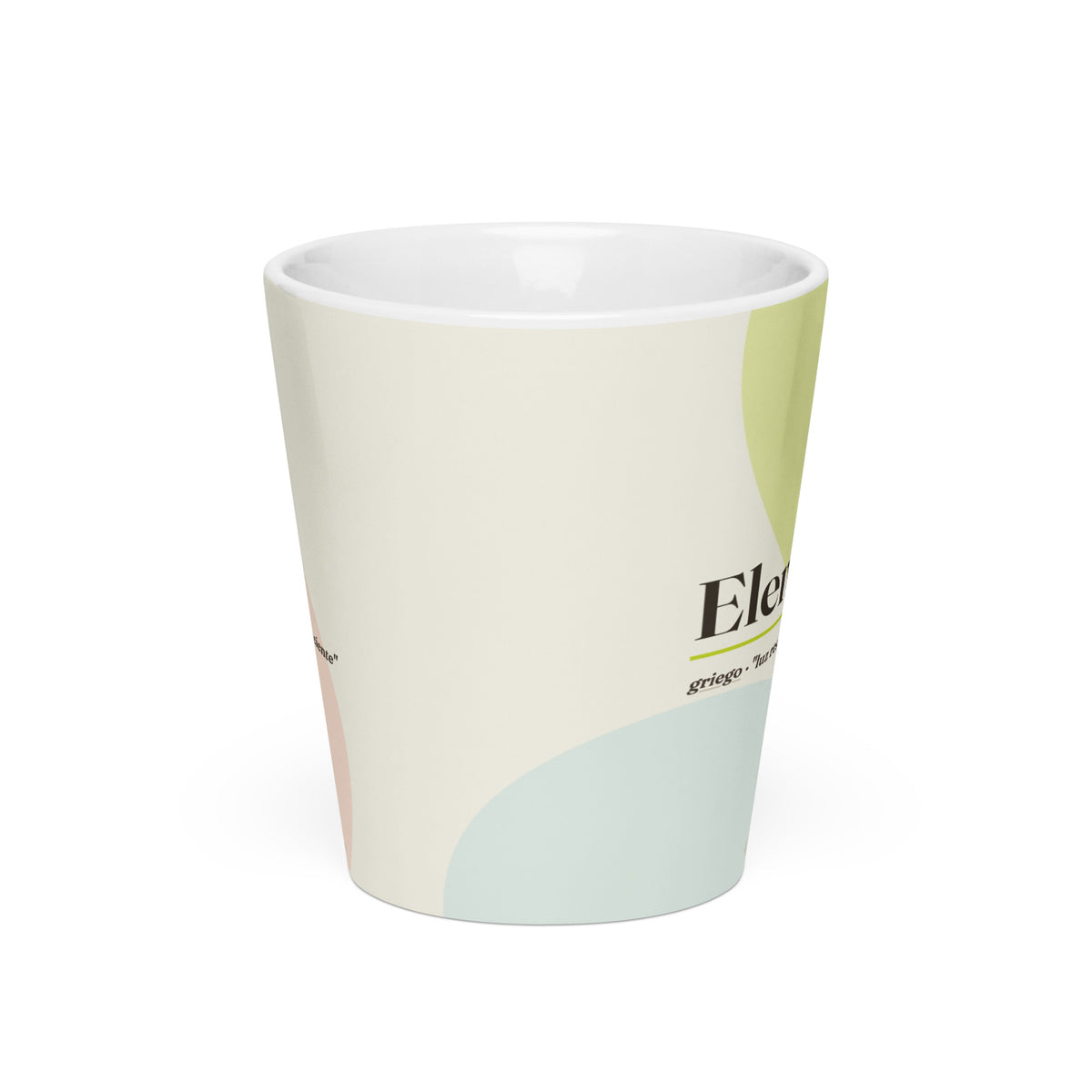 Taza latte con el nombre Eleni · griego, "luz resplandeciente", blanco, frente