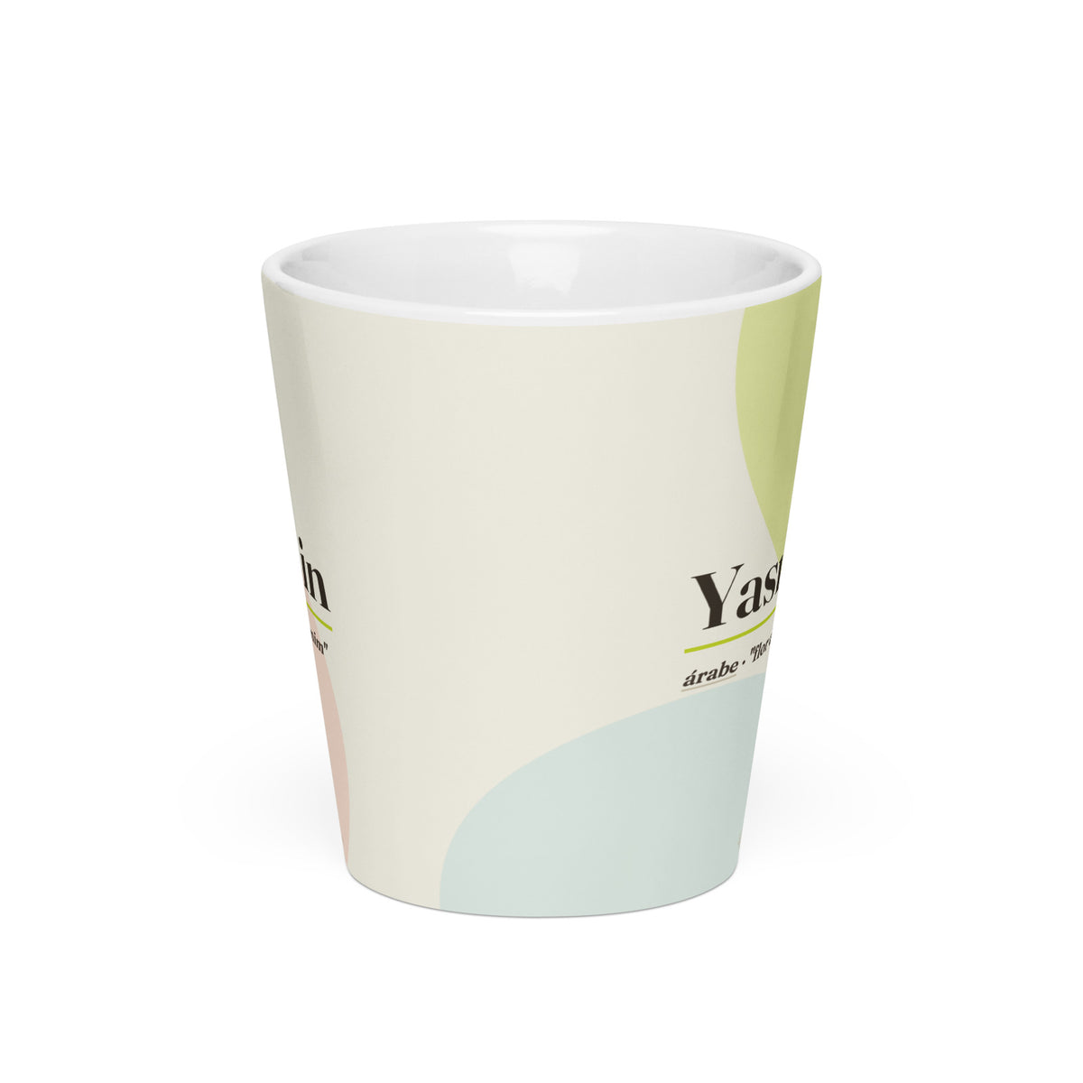 Caneca latte com o nome Yasmin · árabe, "flor de jasmim", branco, frente