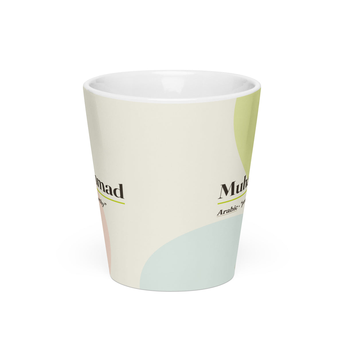 Muhammad name latte mug · Arabic, “praiseworthy”, white, front