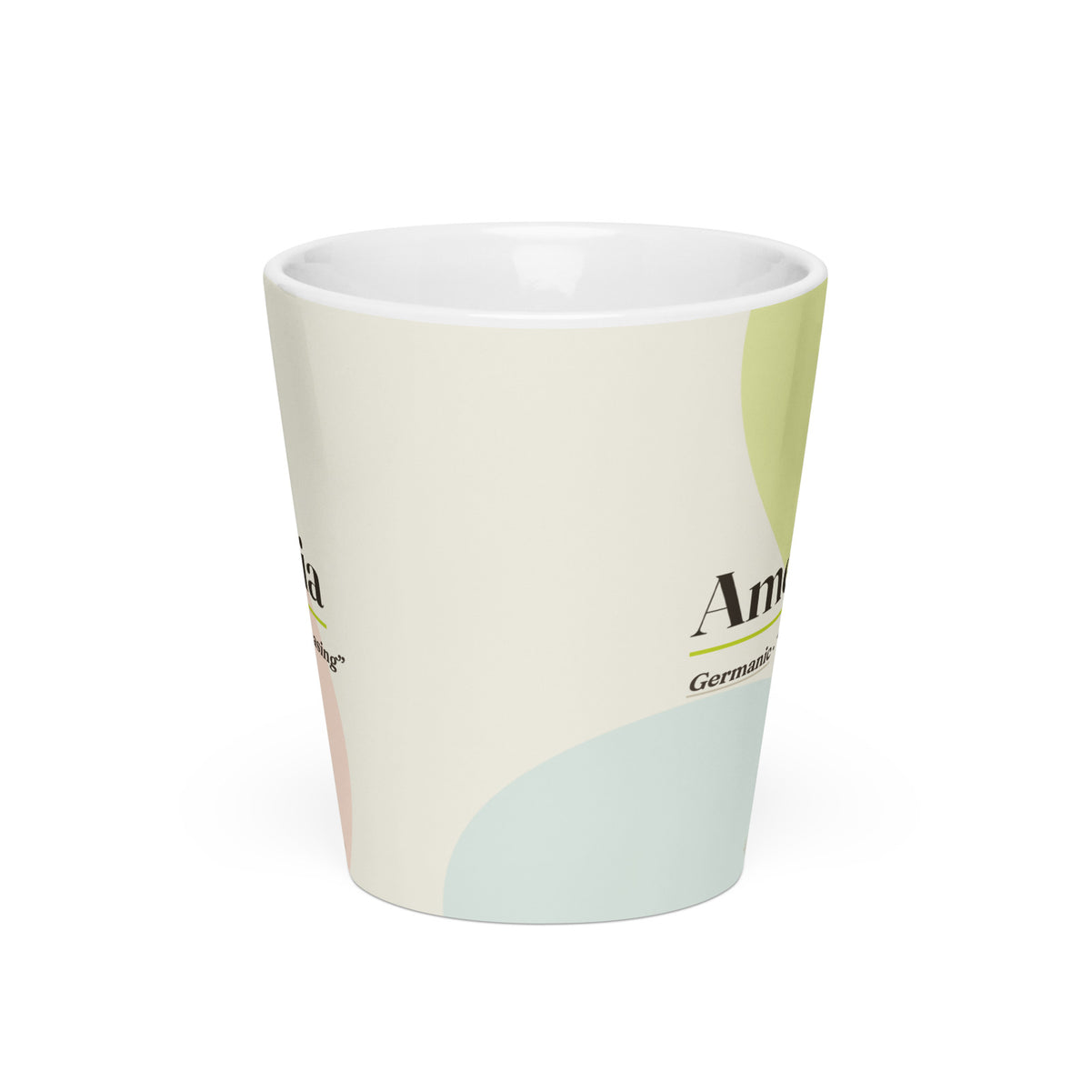 Amelia name latte mug · Germanic, “unceasing”, white, front
