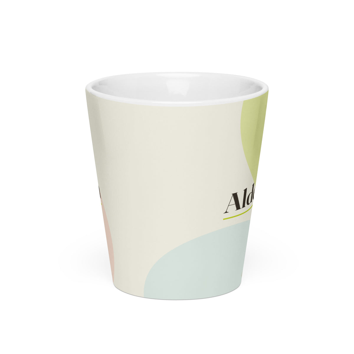 Alden name latte mug · English, “old friend”, white, front