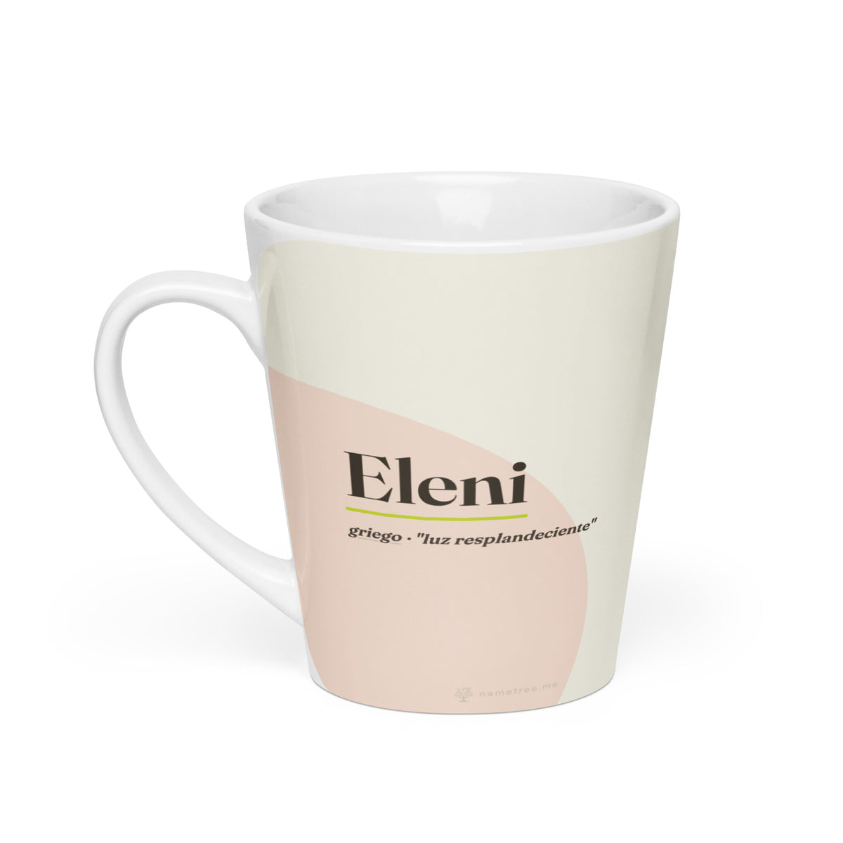 Taza latte con el nombre Eleni · griego, "luz resplandeciente", blanco, vista principal