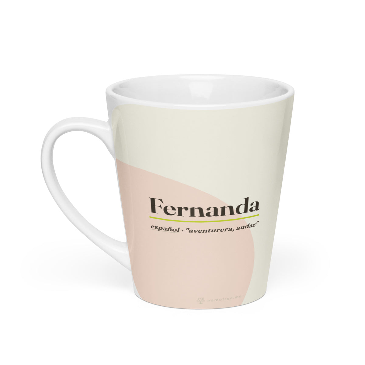 Taza latte con el nombre Fernanda · español, "aventurera, audaz", blanco, vista principal