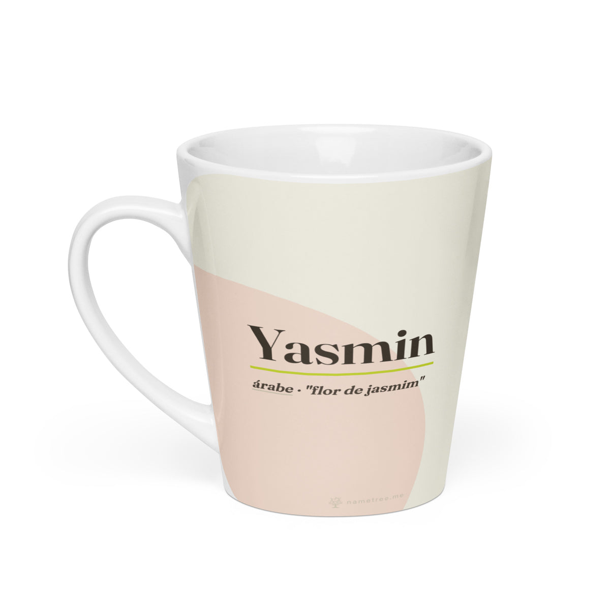 Caneca latte com o nome Yasmin · árabe, "flor de jasmim", branco, vista principal