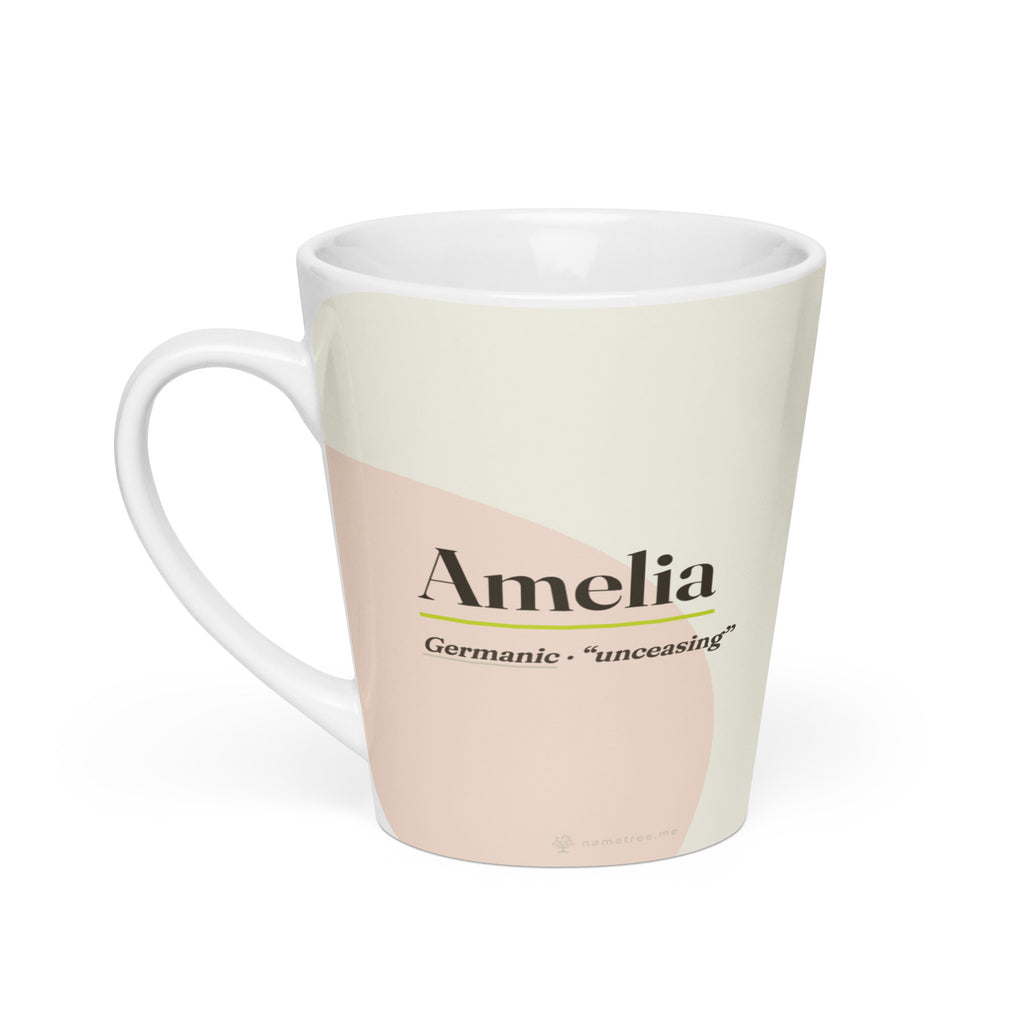 Amelia name latte mug · Germanic, “unceasing”, white, default