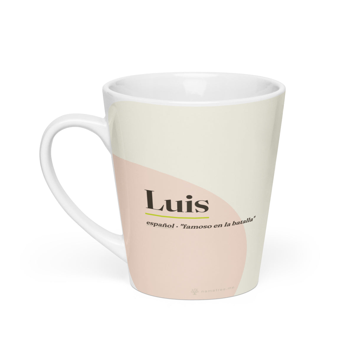 Taza latte con el nombre Luis · español, "famoso en la batalla", blanco, vista principal
