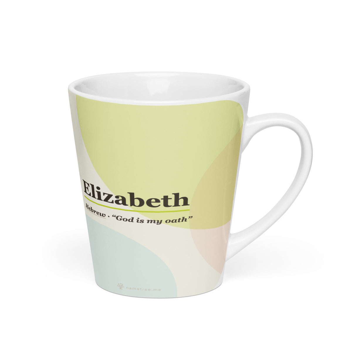 Elizabeth name latte mug · Hebrew, “God is my oath”, white, right