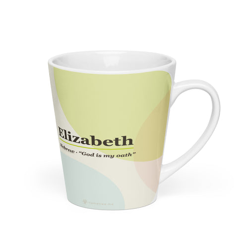 Elizabeth name latte mug · Hebrew, “God is my oath”, white, right