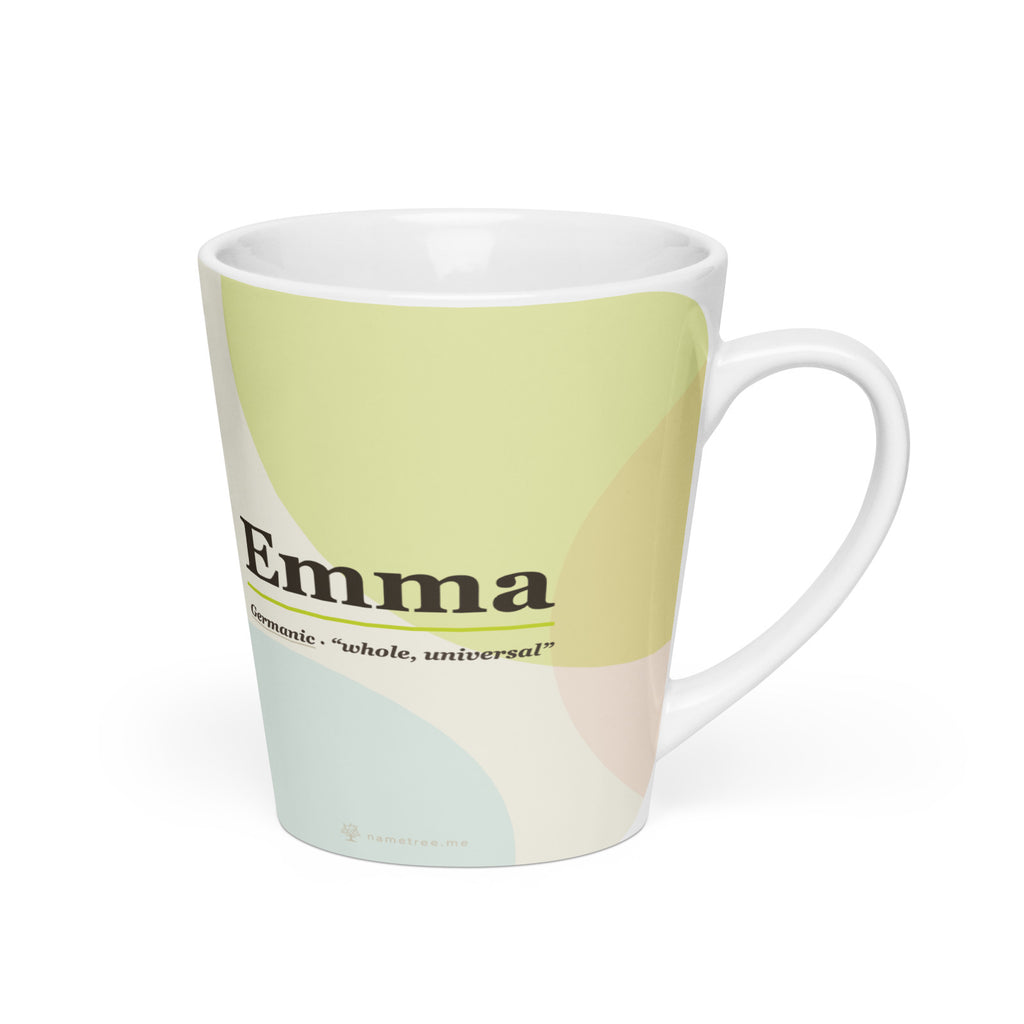Emma name latte mug · Germanic, “whole, universal”, white, right