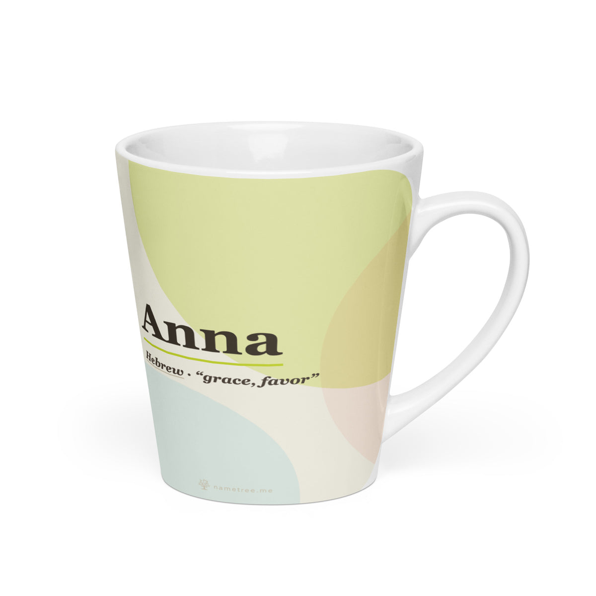 Anna name latte mug · Hebrew, “grace, favor”, white, right