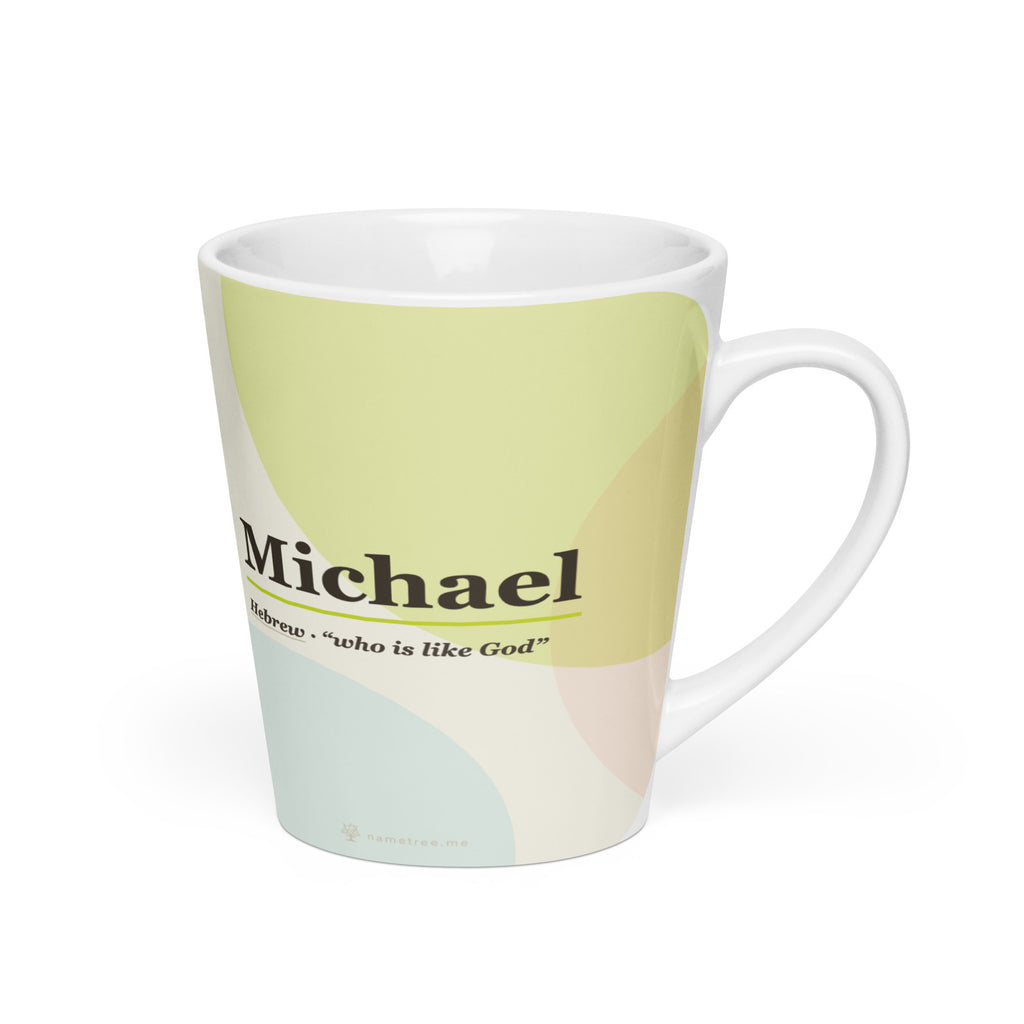 Michael name latte mug · Hebrew, “who is like God”, white, right