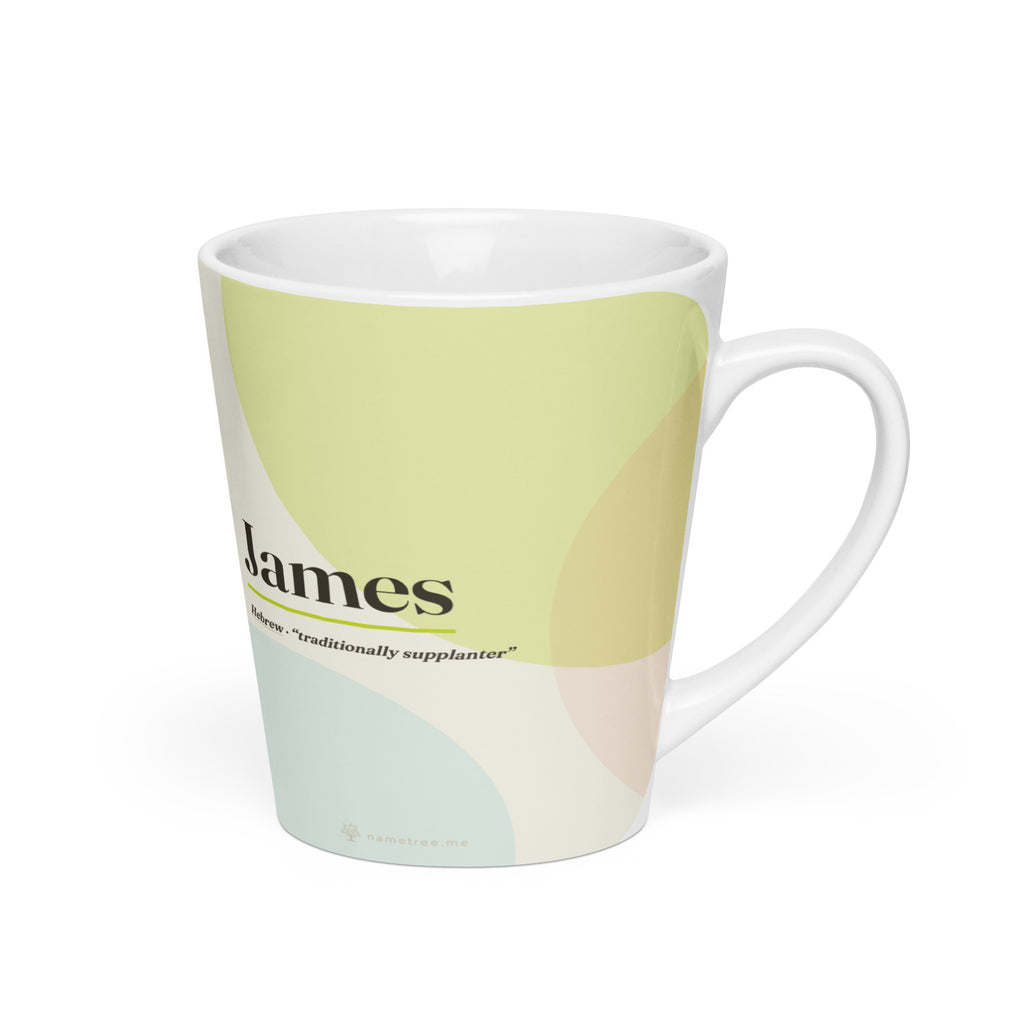 James name latte mug · Hebrew, “traditionally supplanter”, white, right