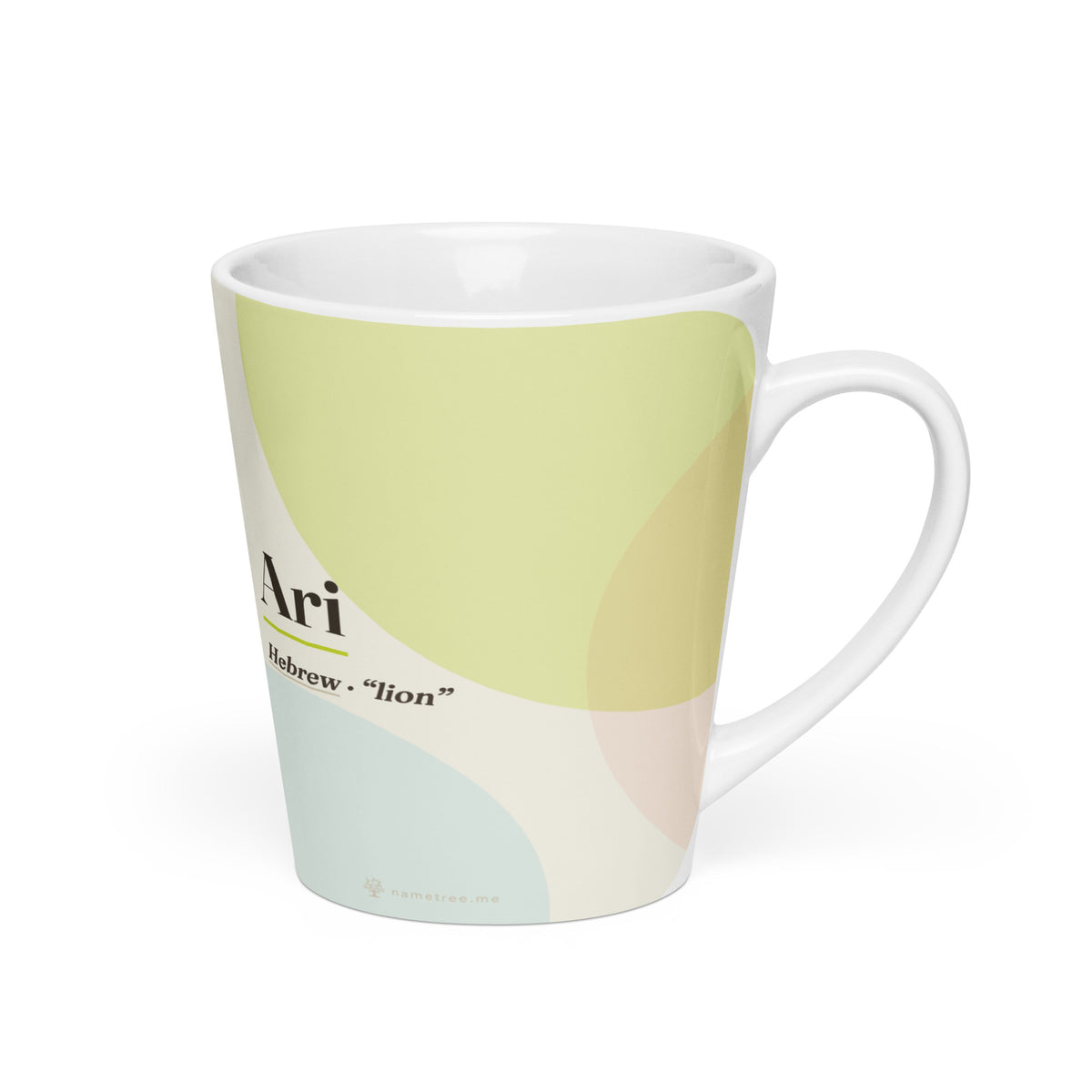 Ari name latte mug · Hebrew, “lion”, white, right