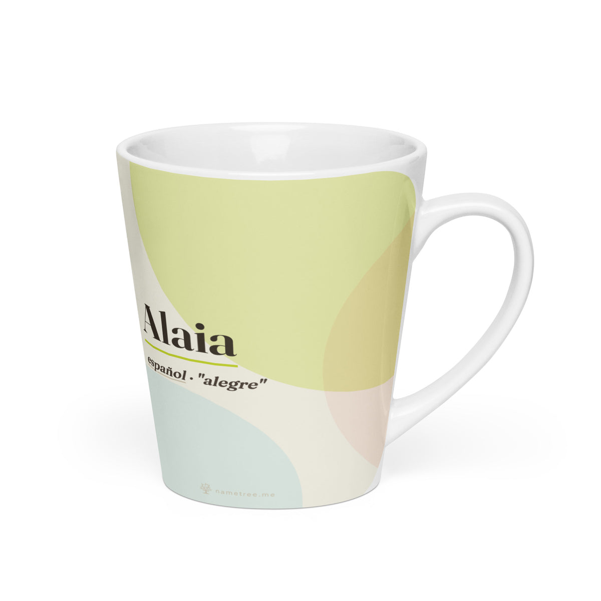 Taza latte con el nombre Alaia · español, "alegre", blanco, lado derecho
