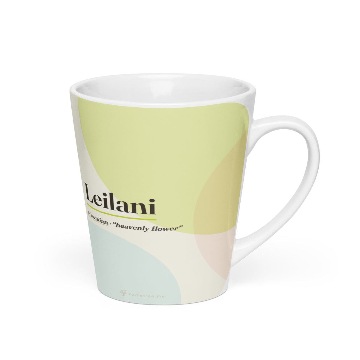 Leilani name latte mug · Hawaiian, “heavenly flower”, white, right