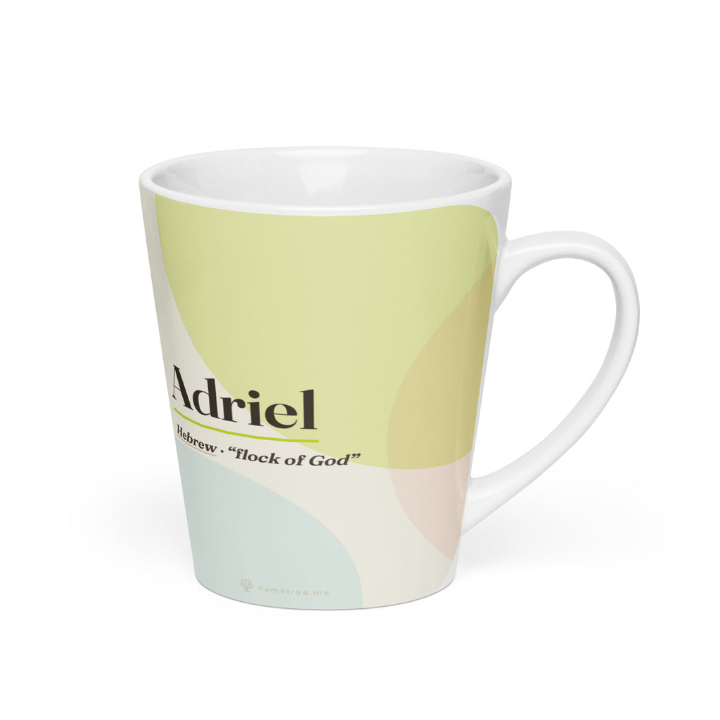 Adriel name latte mug · Hebrew, “flock of God”, white, right