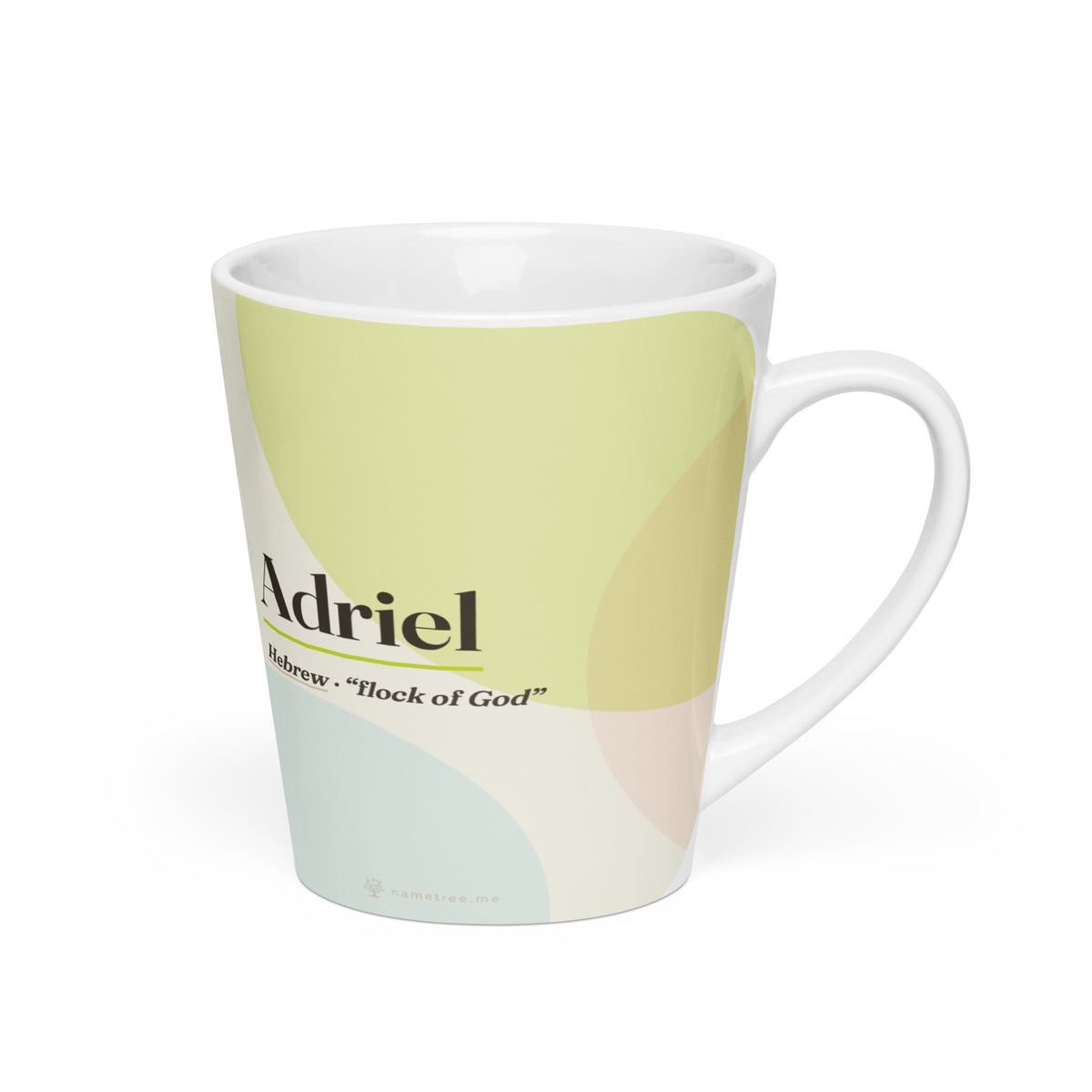 Adriel name latte mug · Hebrew, “flock of God”, white, right