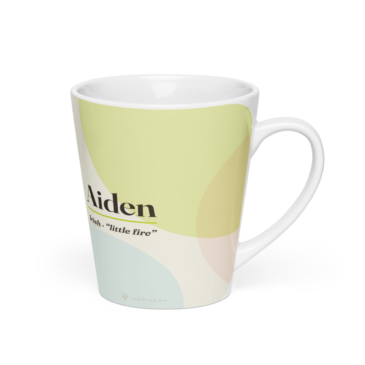 Aiden name latte mug · Irish, “little fire”, white, right