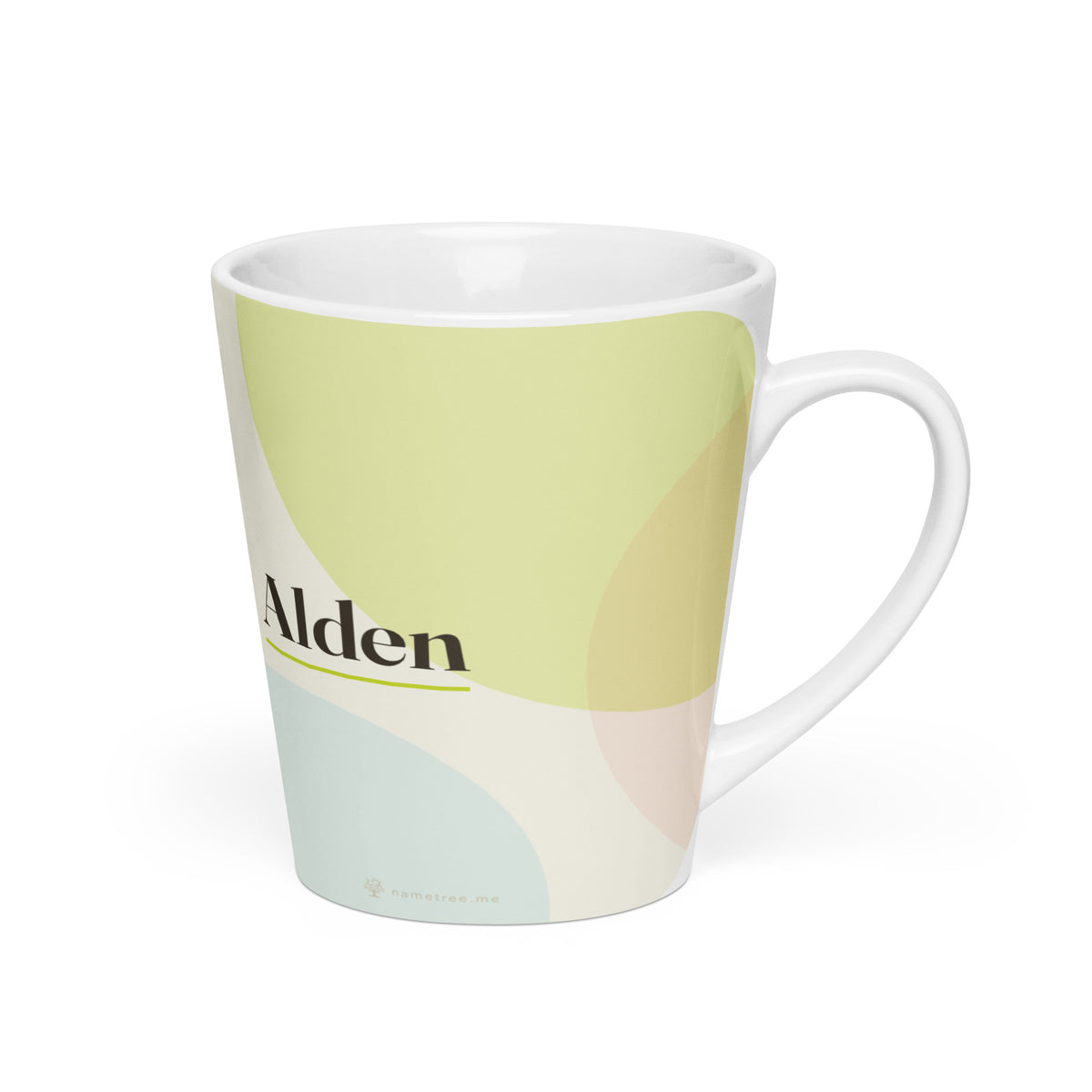 Alden name latte mug · English, “old friend”, white, right