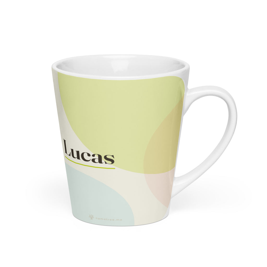 Lucas name latte mug · Latin, “man from the south”, white, right