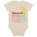 Elizabeth name bodysuit, organic natural · Hebrew, “God is my oath”, organic natural, front