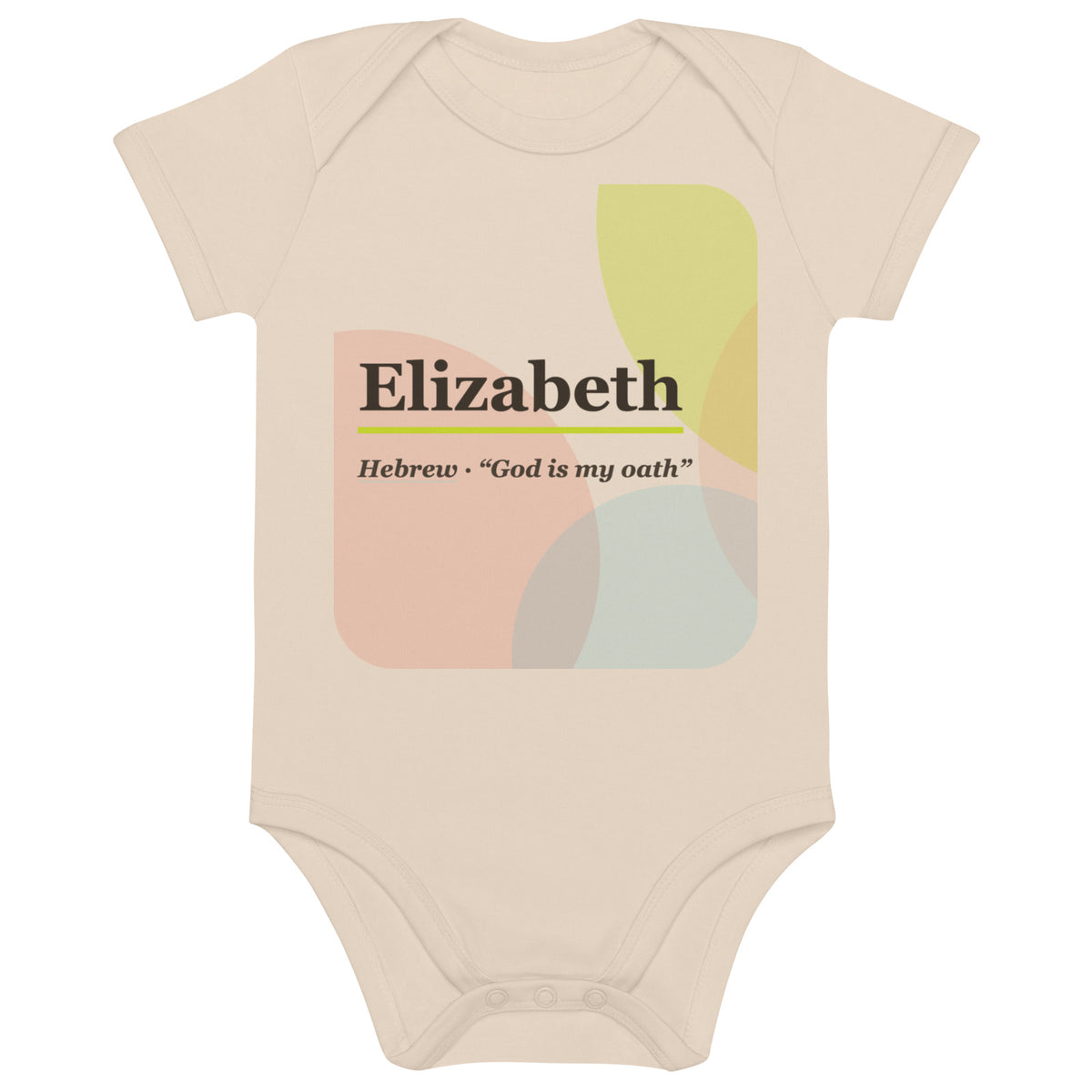 Elizabeth name bodysuit, organic natural · Hebrew, “God is my oath”, organic natural, front