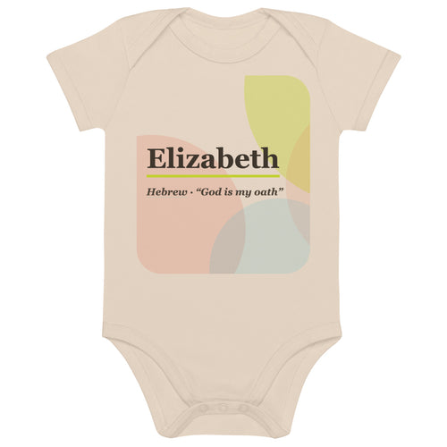 Elizabeth name bodysuit, organic natural · Hebrew, “God is my oath”, organic natural, front