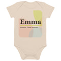 Emma name bodysuit, organic natural · Germanic, “whole, universal”, organic natural, front