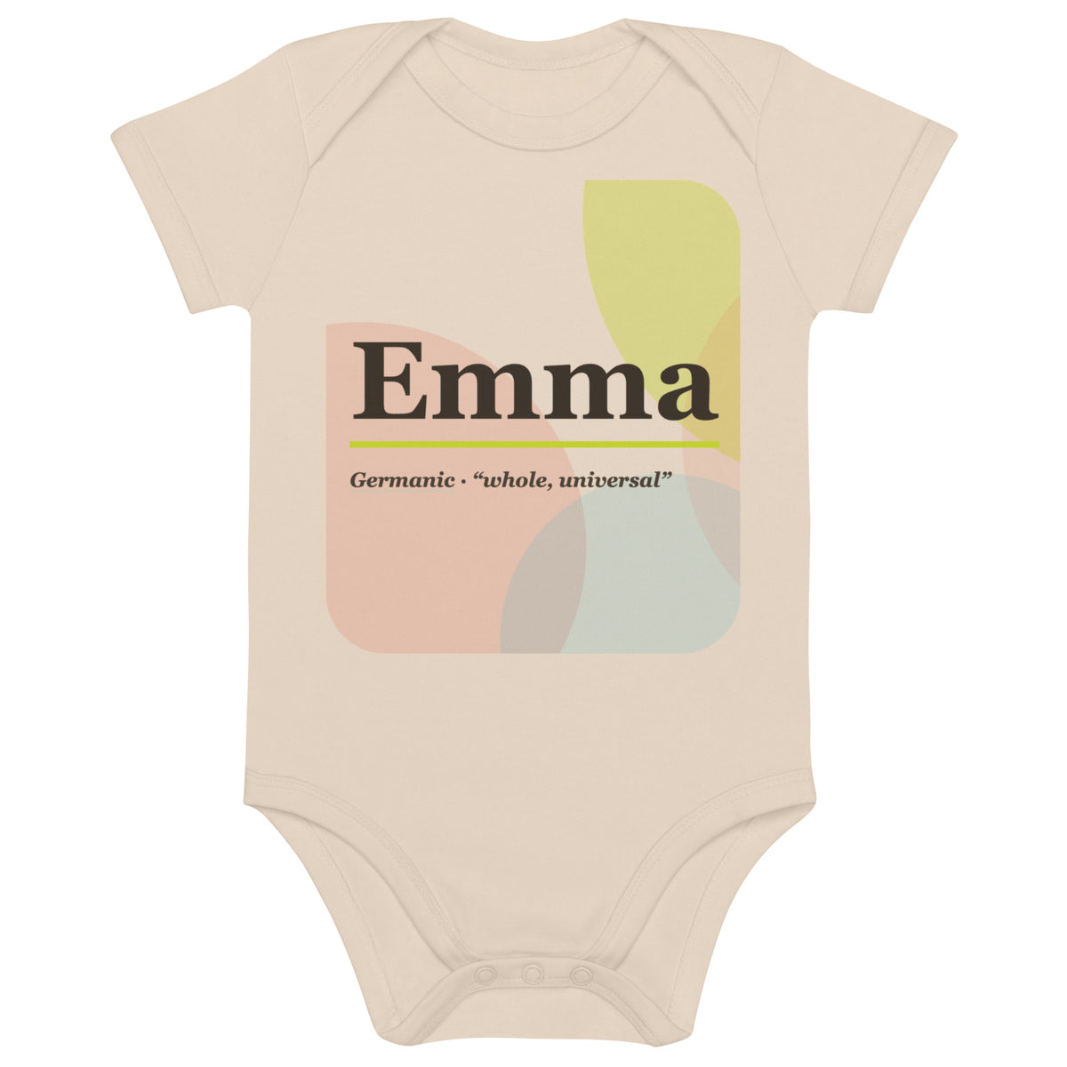 Emma name bodysuit, organic natural · Germanic, “whole, universal”, organic natural, front