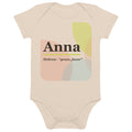 Anna name bodysuit, organic natural · Hebrew, “grace, favor”, organic natural, front