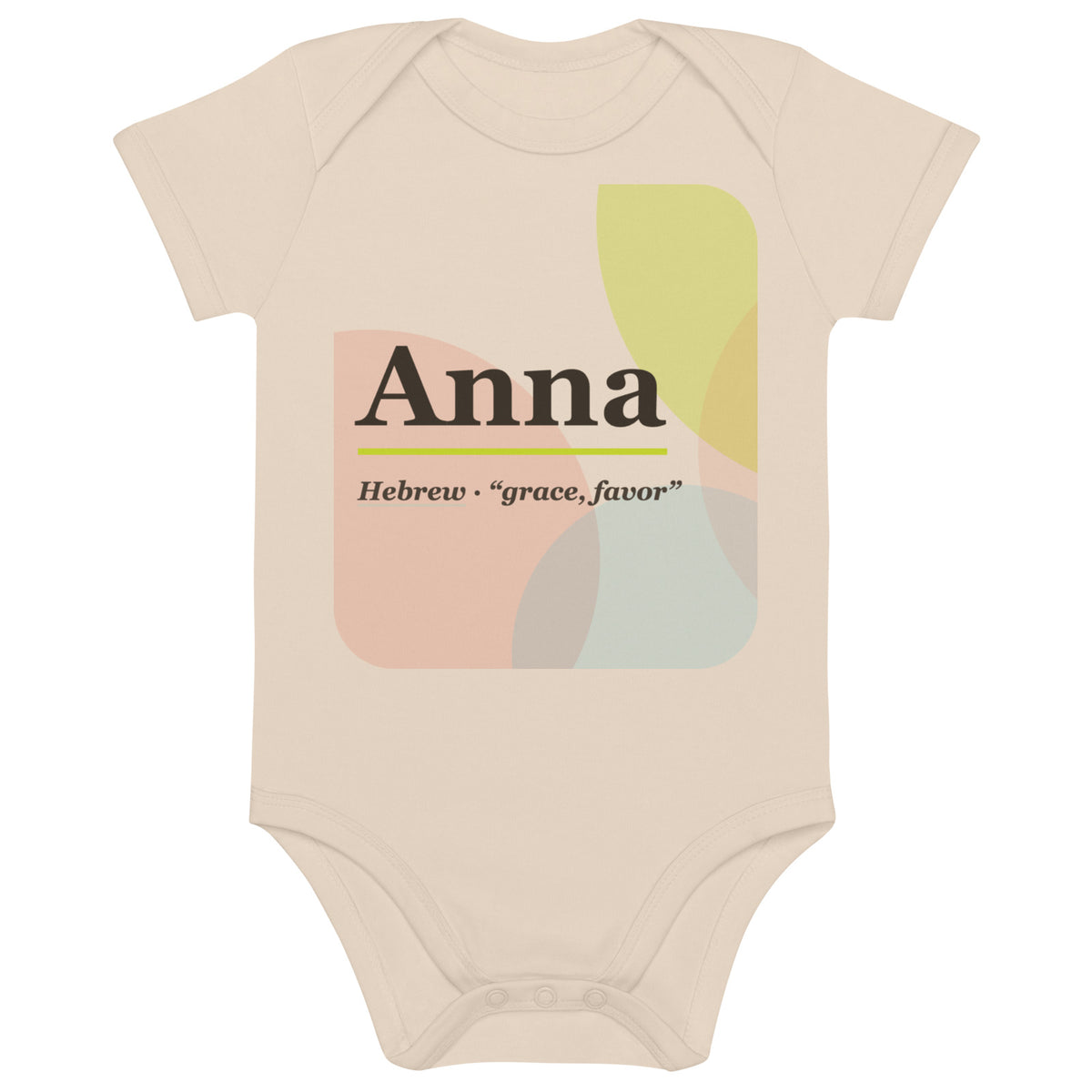 Anna name bodysuit, organic natural · Hebrew, “grace, favor”, organic natural, front