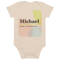 Michael name bodysuit, organic natural · Hebrew, “who is like God”, organic natural, front