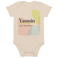Body de bebê com o nome Yasmin, algodão orgânico natural · árabe, "flor de jasmim", natural orgânico, frente