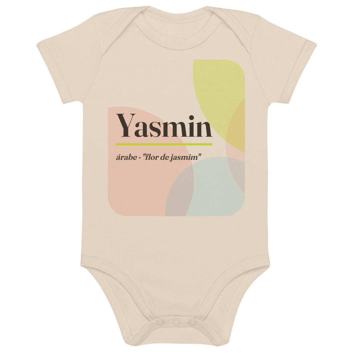 Body de bebê com o nome Yasmin, algodão orgânico natural · árabe, "flor de jasmim", natural orgânico, frente