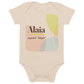 Body de bebé con el nombre Alaia, algodón orgánico natural · español, "alegre", natural orgánico, frente
