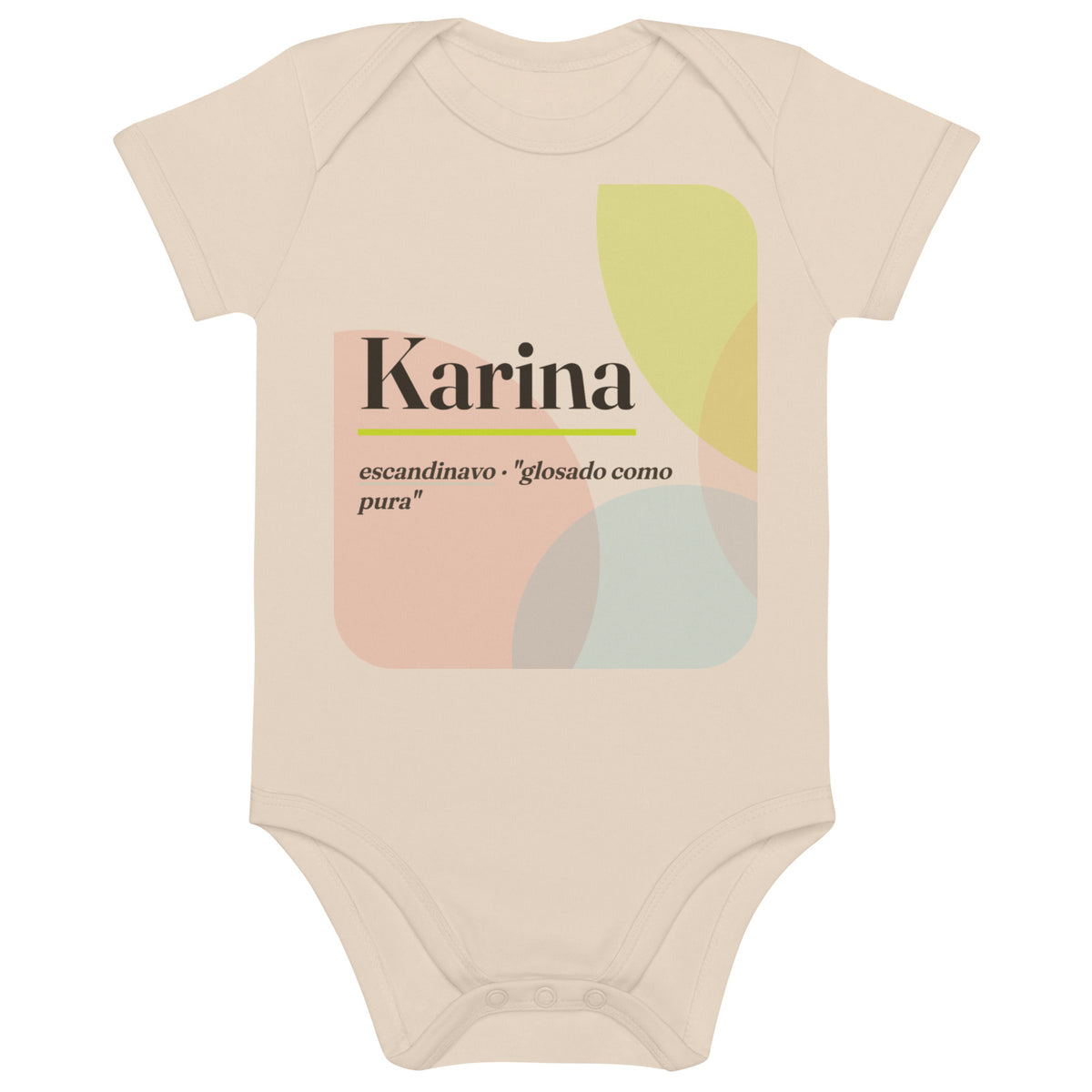 Body de bebé con el nombre Karina, algodón orgánico natural · escandinavo, tradicionalmente "glosado como pura", natural orgánico, frente