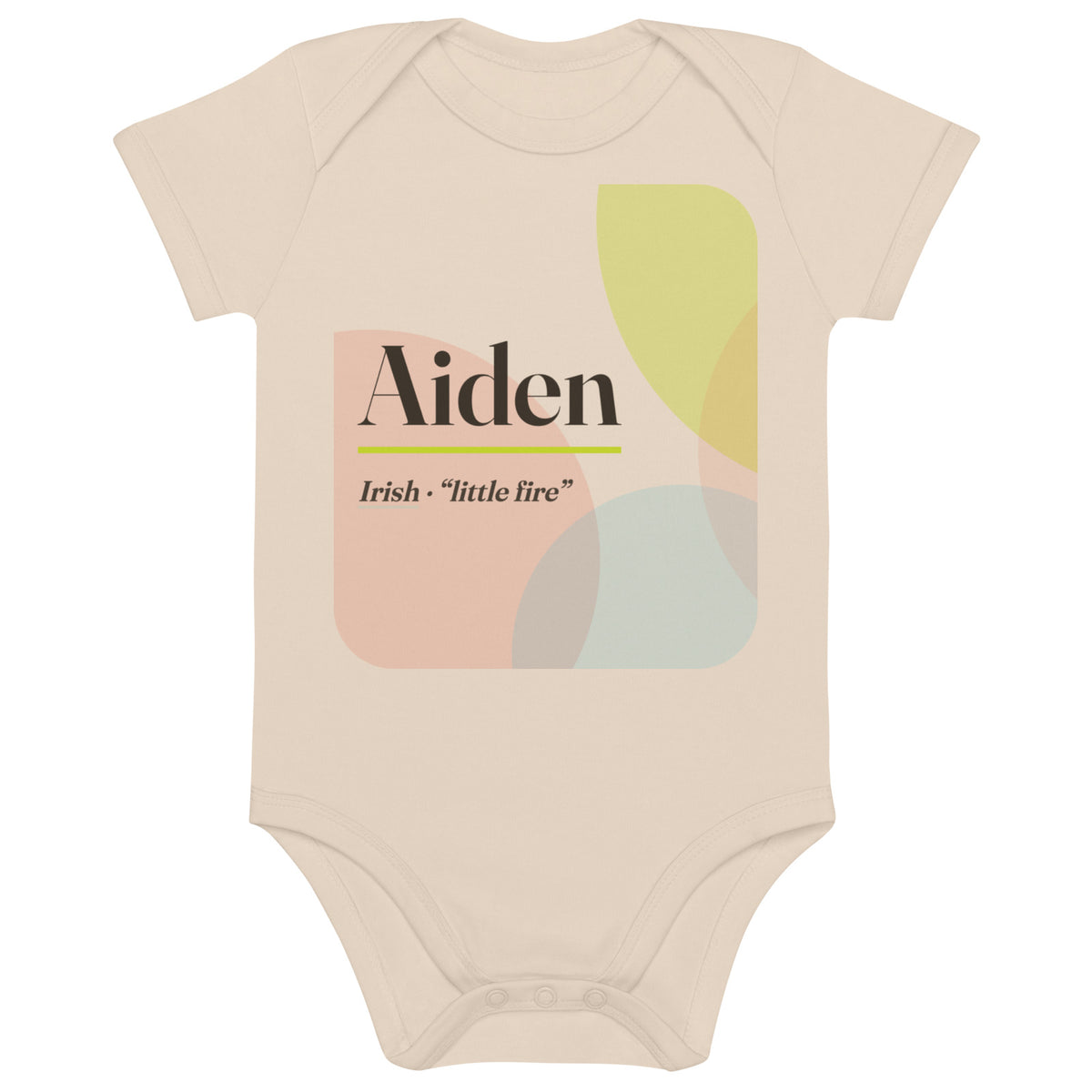 Aiden name bodysuit, organic natural · Irish, “little fire”, organic natural, front